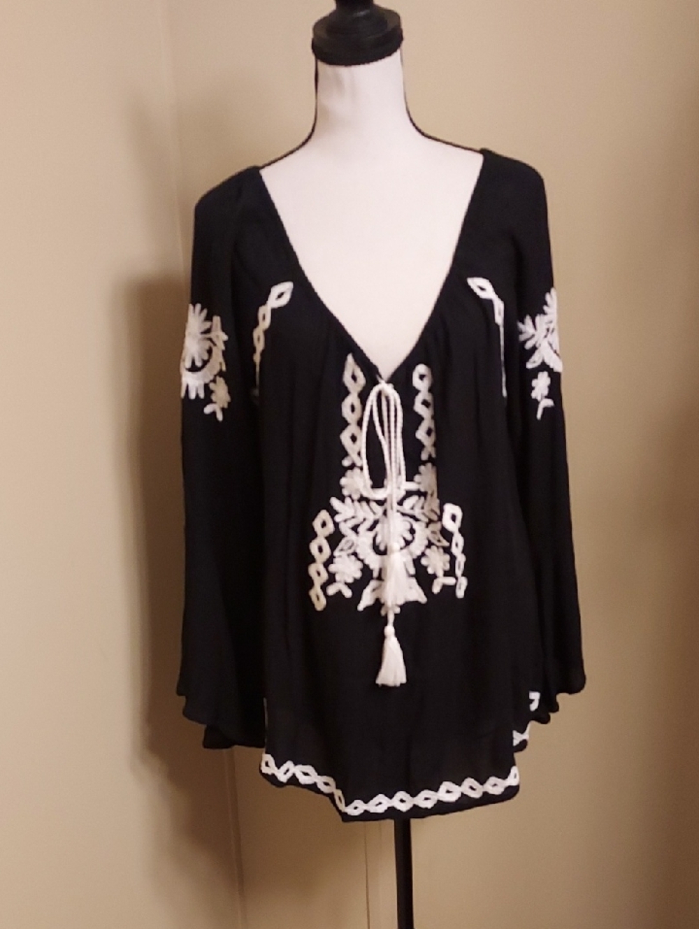 JohnPaulRichard Black Rayon Blouse with White Embroidered Detail